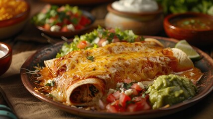 Delicious cheesy enchilada plate with guacamole - This mouth-watering image shows a cheesy enchilada plate served with guacamole, reflecting traditional Mexican cuisine