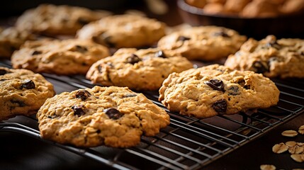 Organic oatmeal cookies with dark chocolate chunks, close-up, on a cooling rack, highlighting the wholesome, hearty texture. 