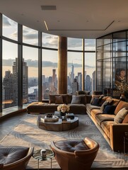 Luxury Living Room with Panoramic City View at Sunset
