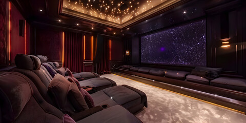 A spacious home theater with a wide screen and comfortable recliners for an immersive entertainment experience. - obrazy, fototapety, plakaty