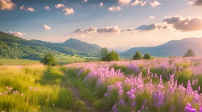 Cinemagraph loop of a peaceful countryside scene, with a winding path leading through fields of blooming wildflowers and distant mountains on the horizon.
