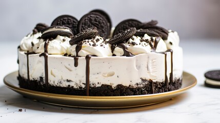 Oreo cheesecake, close-up, with Oreo pieces in the filling and a whole Oreo cookie garnish, on a cool, marble countertop.