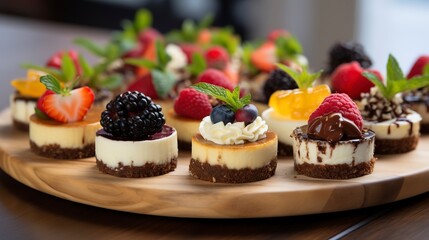 Mini cheesecakes assortment, close-up, each with different toppings like fruit, chocolate, and nuts, on a modern serving tray.  - obrazy, fototapety, plakaty