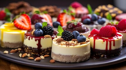 Mini cheesecakes assortment, close-up, each with different toppings like fruit, chocolate, and nuts, on a modern serving tray. 