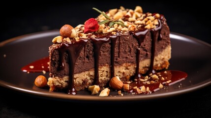 Chocolate hazelnut cheesecake, close-up, with a rich chocolate ganache topping and crushed hazelnuts, on a dark plate. 