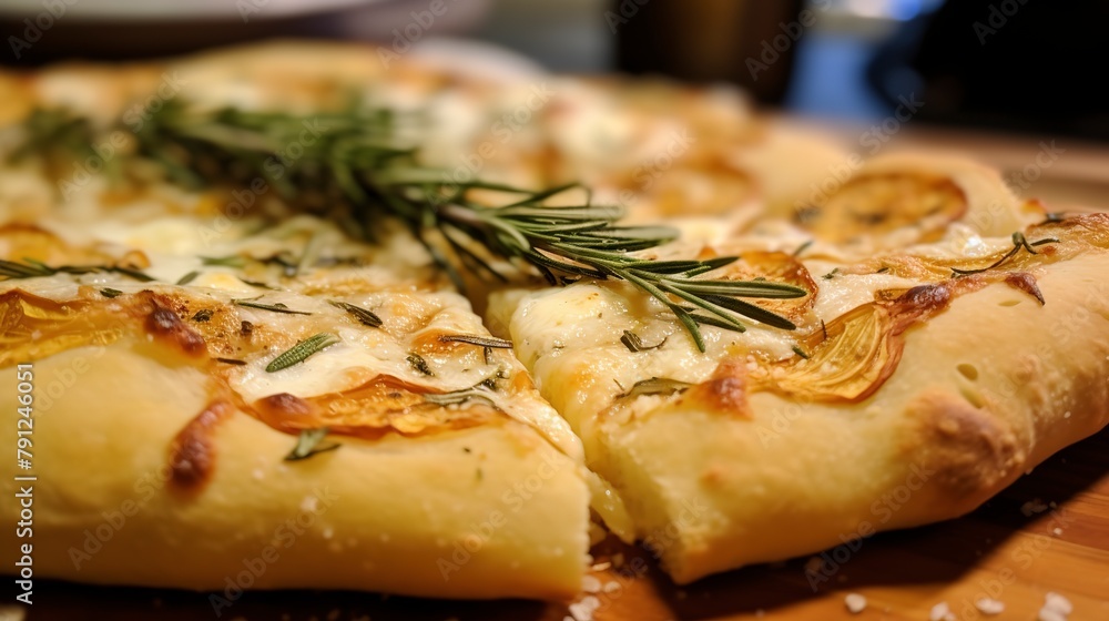 Poster Close-up of a pizza bianca with rosemary, garlic, and sea salt, highlighting the golden, bubbly crust, straight out of the oven. 