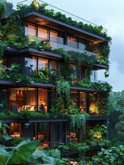 Fototapeta na wymiar Modern Eco-Friendly Building with Green Walls at Dusk