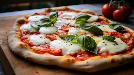 Margherita pizza, close-up, with the mozzarella melted to perfection and fresh basil leaves adding a pop of color, on a rustic table. 