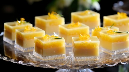 Close-up of lemon petit fours with a zesty glaze and candied lemon peel topping, arranged neatly on a glass stand.