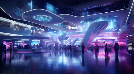 interior of modern shopping mall at night with neon lights. 3d rendering
