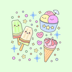 Ice cream stick sundae Cone strawberry with cute facial expressions and pastel colour
