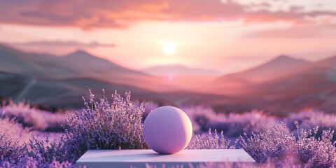 A purple lavender field with sphere podium on backdrop with a big space for text or product advertisement, Generative AI.