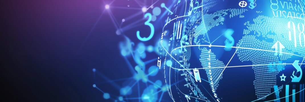 the background and highlights multicurrency credit platform is transforming global financial governance and mitigating FX, blue colors, aspect ratio 3:1