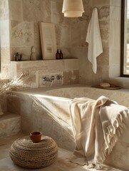 Serene Bathroom Interior with Sunlight and Natural Textures