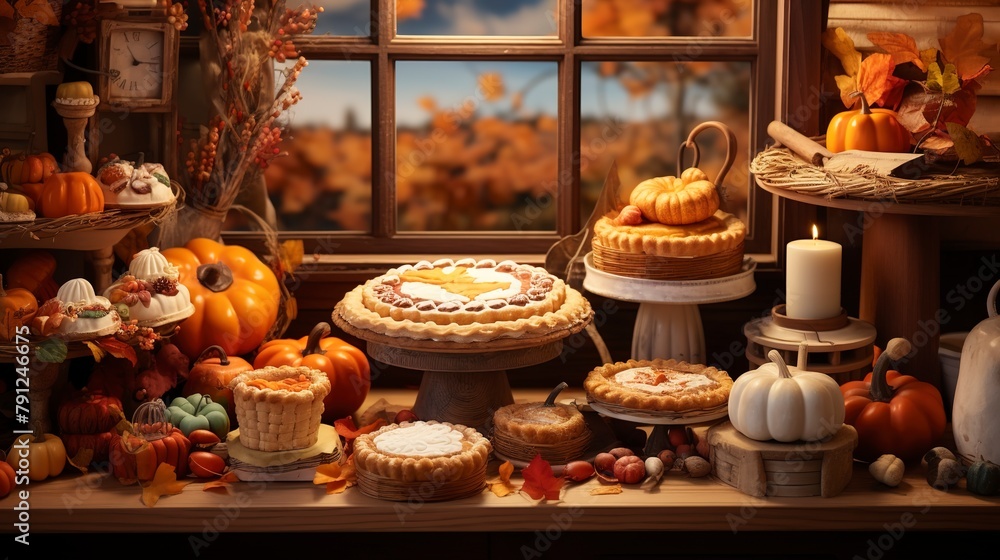 Wall mural Seasonal bakery showcase, close-up, featuring pumpkin pies and apple tarts for fall, decorated with thematic accents, in a cozy bakery. 