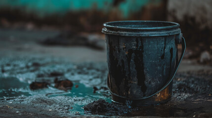 Naklejka premium A gritty, high-resolution image capturing the essence of urban decay with a focus on an old, weathered bucket on a concrete surface