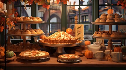 Seasonal bakery showcase, close-up, featuring pumpkin pies and apple tarts for fall, decorated with thematic accents, in a cozy bakery.