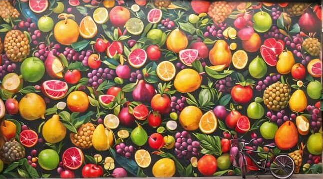 Anamorphic street art painting transforming a dull city street into a vibrant mural of a bustling market square, with stalls overflowing with exotic fruits and colorful textiles.
