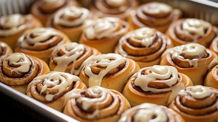 Fototapeta premium Close-up of mini cinnamon roll bites in a baking dish, with each roll perfectly golden and covered in frosting.