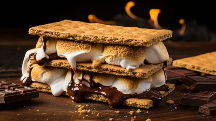 S'mores dessert sandwich with toasted marshmallow and melted chocolate between graham crackers, close-up, on a rustic wood slice. - obrazy, fototapety, plakaty