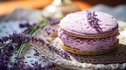Artisanal macaron ice cream sandwich, featuring lavender ice cream, close-up, on a delicate lace doily. - obrazy, fototapety, plakaty