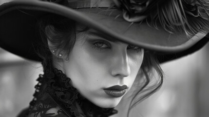 A worn top hat with feathers sticking out topped off her ensemble adding to her mysterious and enchanting presence. .