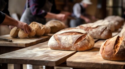 Close-up of a sourdough bread workshop, with loaves being scored by participants before baking, on wooden boards. - obrazy, fototapety, plakaty