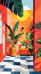 An illustration of a courtyard with tropical plants, the floor is made of marble tiles and there is a small table with a vase on it. The courtyard is surrounded by walls painted in bright colors and t
