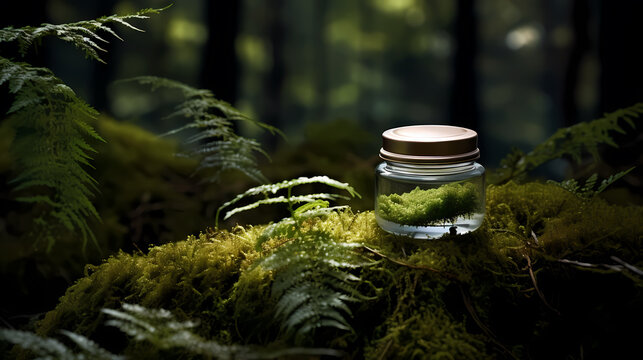 A bottle of skin care products in the forest, surrounded by green plants and moss