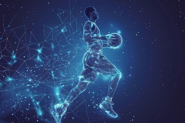 Fototapeta na wymiar A modern art artwork depicting a man player pro sprinting with a basketball in a low polygonal layout over a setting of blue geometric wireframe components and space, Generative AI.