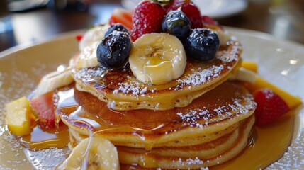 Pancakes with fruit and sugar on plate - Powered by Adobe