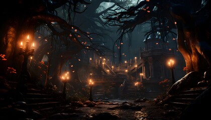 Fantasy landscape of creepy dark forest at night. 3d rendering