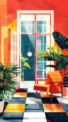 An illustration of a room with a large open door. There is a tiled floor, a large leafy plant, and an orange armchair. The room is painted red and yellow and the light is streaming in from outside.