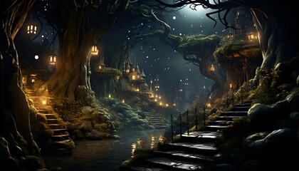 Fantasy landscape with a path in the middle of the forest.