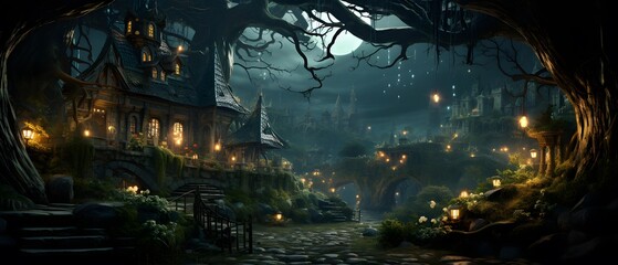 Night landscape with a village in the mountains. Night mystical forest.