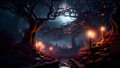Mysterious dark forest with full moon and tree. 3D rendering