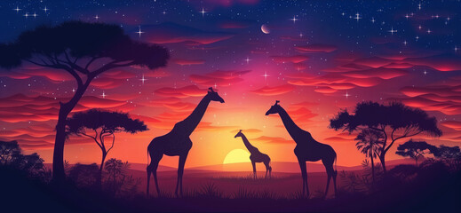 Giraffes and Tree Silhouettes at Starry Twilight. Two giraffes stand tall among trees against a star-studded twilight sky in a serene savannah.