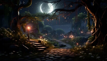 Fantasy night landscape with a path in the forest and a full moon