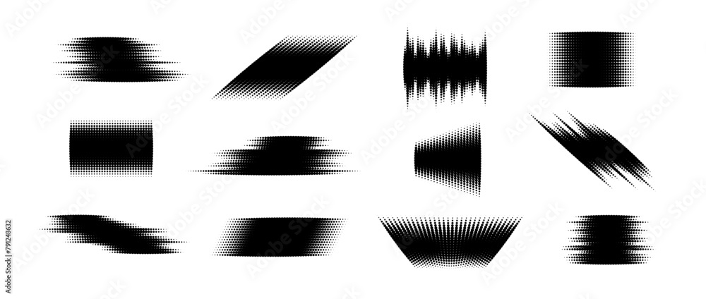 Poster Halftone glitch element set. Dotted textured geometric form collection. Grunge abstract halftone shapes for background, banner, poster, collage, overlay, label, tag. Distressed distorted vector pack