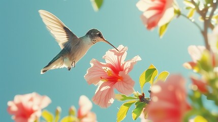 Fototapeta premium Hummingbird Feeding on Pink Hibiscus Flower. Delicate hummingbird in flight sips nectar from a vibrant pink hibiscus flower against a clear sky.