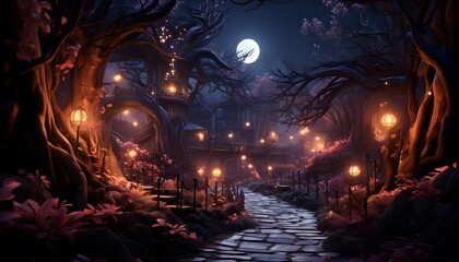 Halloween night scene with full moon in dark forest 3d illustration
