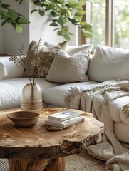Cozy Living Room Interior with Rustic Wooden Table and Comfy Sofa