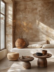 Earthy Toned Living Room with Natural Light and Textured Walls