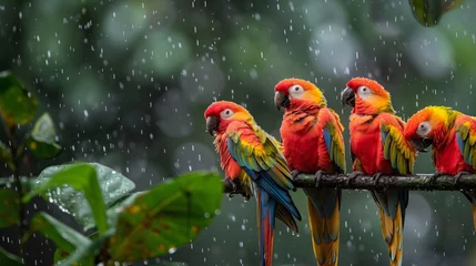 Fotobehang Colorful Parrots in Rain on Perch. Vibrant flock of parrots with wet feathers sitting on a perch, as raindrops add freshness to the scene. © Old Man Stocker