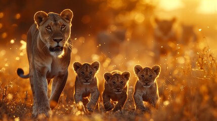 Lioness and Cubs Walking at Sunrise. Lioness leads her cubs through the savannah, with the golden...
