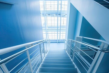 Bright and airy modern office staircase bathed in natural sunlight, featuring clean lines and...