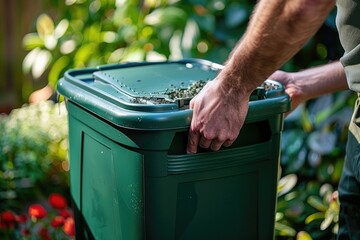 Close-up of hands disposing organic waste into a green compost bin in a garden setting with sunlight filtering through foliage.