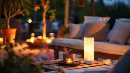 A serene outdoor setting with a cozy seating area and an infrared light therapy lamp providing a warm and peaceful ambiance. .