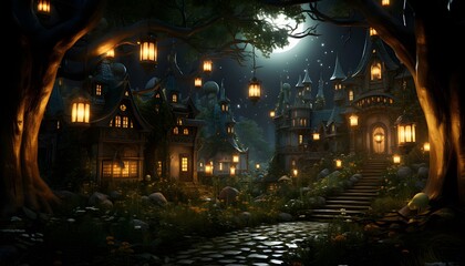 3d illustration of a Japanese village at night with a full moon