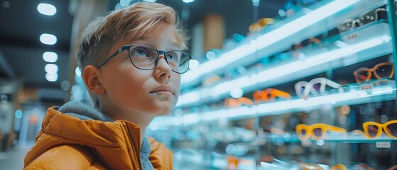 A boy trying new eyeglass in store with a big blurry backdrop of store and space for text or product advertisement, Generative AI. - obrazy, fototapety, plakaty